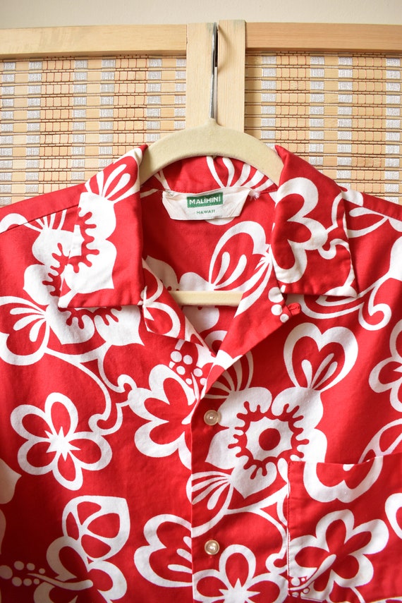 Vintage 60s Malihini Hawaiian Shirt // Red and Wh… - image 3