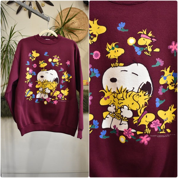 Sweat-shirt pull fleurs printanières Snoopy & Woodstock des années 80 / / Pull ras du cou graphique Charlie Brown arachides des années 1980 Câlins mignons lumineux / / L XL