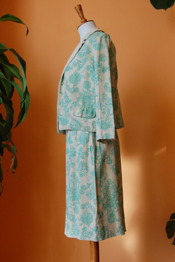 40s Linen 3 Piece Skirt Suit w Aqua Floral Design… - image 2
