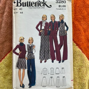 Vintage 70s Butterick 3280 Size 40 Sewing Pattern // A Line Midi Skirt, Wide Leg Pants, Blazer/Cardigan Jacket & Vest Set // 44 Bust