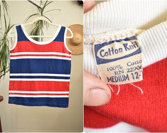 Vintage 1950s Red White Blue Stripe Cotton Tank Top // Unisex Midcentury Sleeveless Tshirt Americana Retro Mod // Small Med 34-36-38 Chest