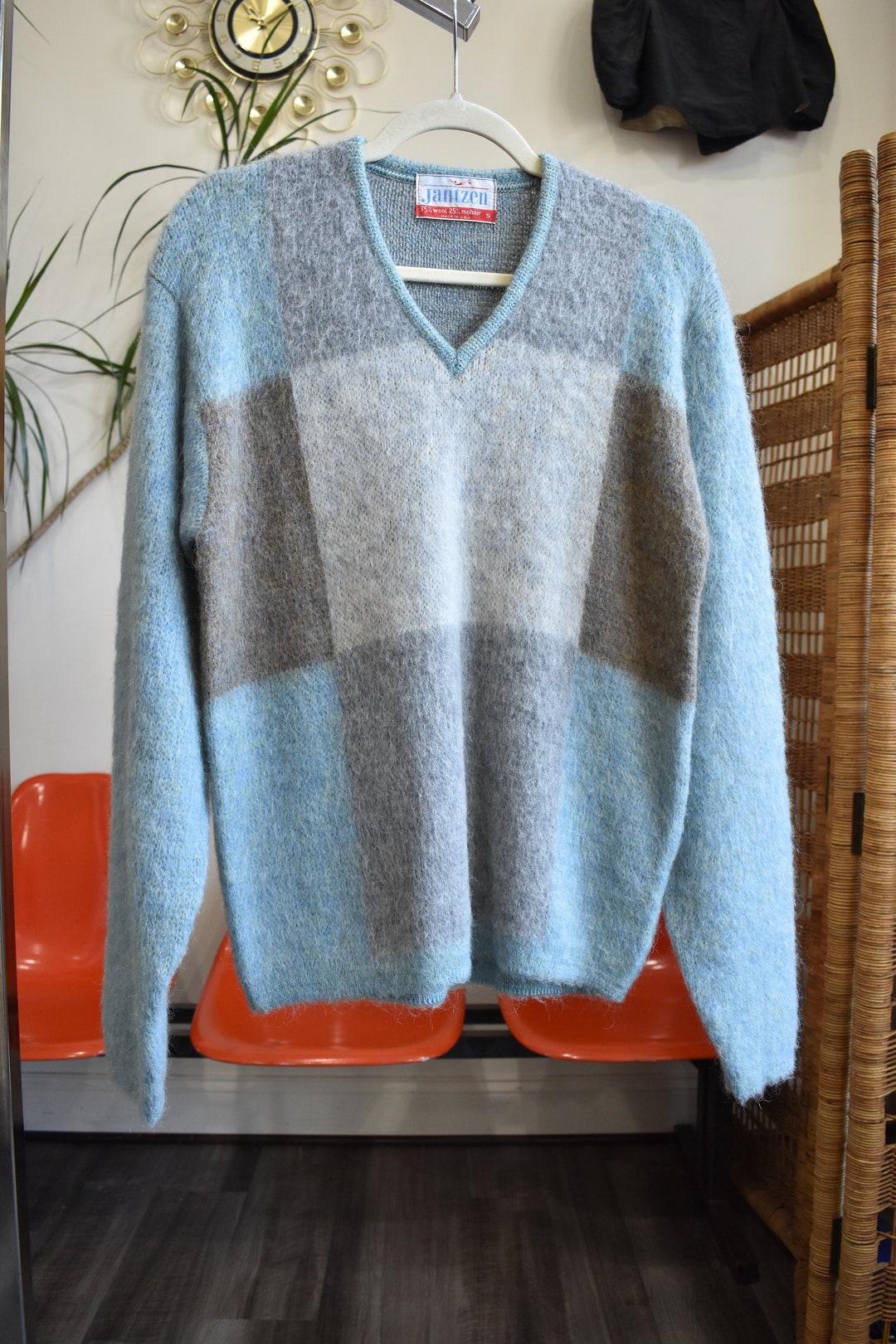 Vintage 1960s Shaggy Mohair Colorblocked V Neck Pullover Vintage 1960s Shaggy Mohair Colorblocked V Neck Pullover