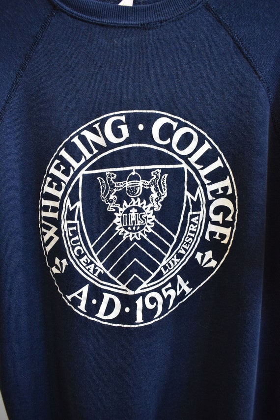 Vintage 50s 60s Thrashed Wheeling College Navy Bl… - image 3