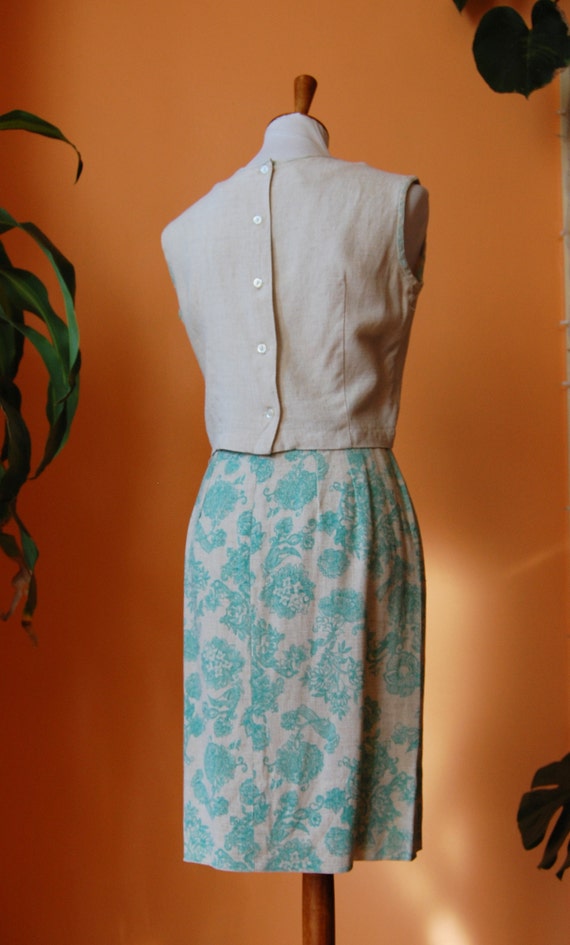 40s Linen 3 Piece Skirt Suit w Aqua Floral Design… - image 7