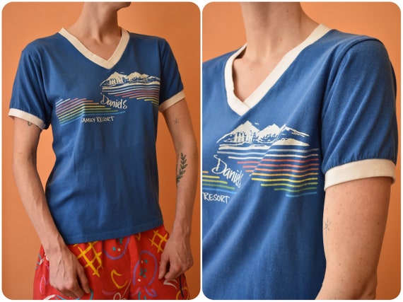 Vintage 1970s Rainbow Pokonos Vacation Ringer V Ne
