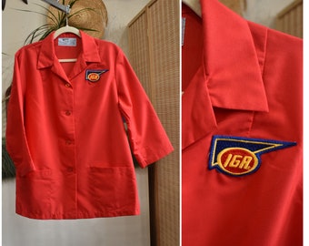 70s Workwear Jacket IGA Grocery Store Uniform Shirt Logo Patch // Wide Sleeve Work Shirt Work Jacket Retro Cherry Red Angelica // LARGE