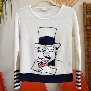 Maglione vintage anni '70 WC Fields lavorato a maglia, novità pop star del cinema // Maglione in ciniglia giocatore di carte giocatore Playboy // Sm Med