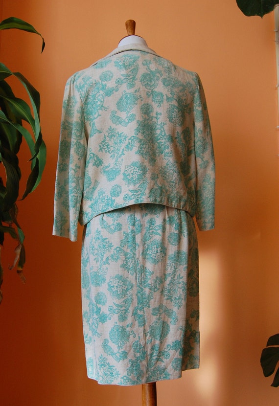 40s Linen 3 Piece Skirt Suit w Aqua Floral Design… - image 4