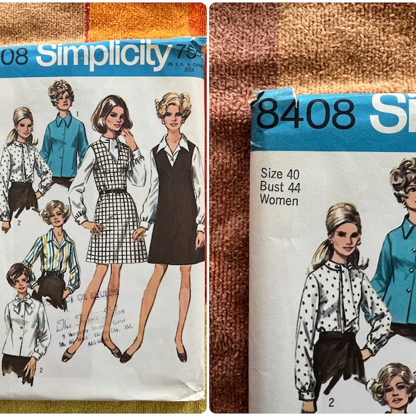 Vintage 60s Simplicity 8408 Sewing Pattern Size 40 // Plus Size Mod Retro Pussybow Dagger Collar Blouse and Jumper Dress // UNCUT 36 Waist