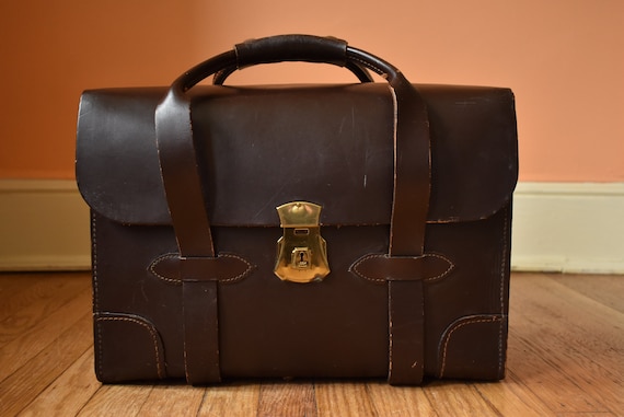 50s 60s Military Issue Leather Briefcase Travel Ba