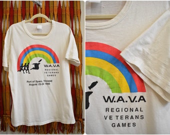 Vintage 80s 90s Rainbow Run Tee Shirt // Trinidad WAVA Race Running Athletic T Shirt Single Stitch Mounted Collar Unisex  // Medium Large