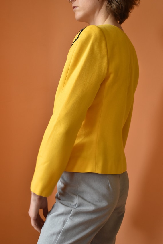 80s Linen Peplum Bright Yellow Blazer High Contra… - image 3