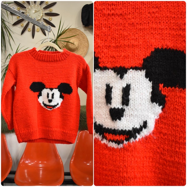 1970s Mickey Mouse Knit Sweater // Cherry Red Bright Happy Cute Disney Animal Print Pullover Spring Fall Winter Shirt or Blouse // Small