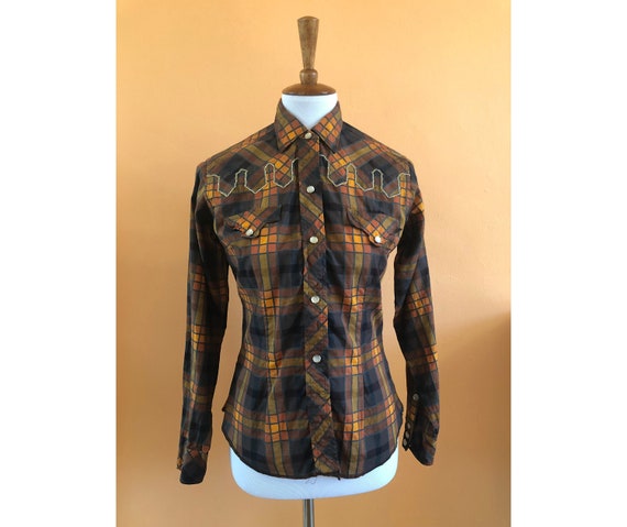 50s Tem Tex Western Yoked Plaid Cowgirl Blouse/ Vi