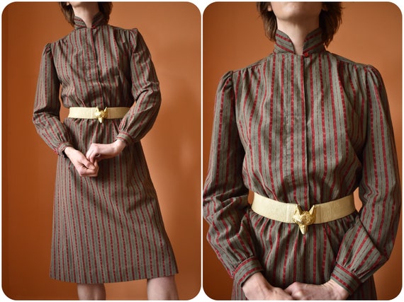50s 60s High Collar Long Sleeve Cotton Striped Dre