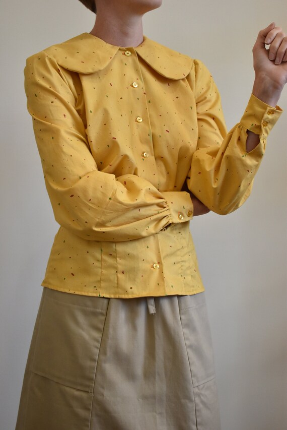 Dramatic Peter Pan Collar Tailored Midcentury Style Puff Sleeve Blouse // Mustard Terrazzo Cotton Blouse 40s 50s // Small Medium