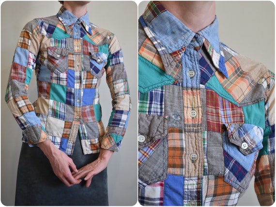 60s 70s Madras Patchwork Long Sleeve Blouse w Dagg