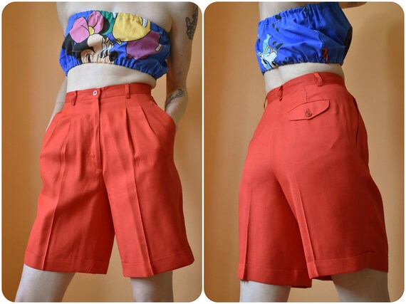 80s Red Linen High Waist Safari Shorts w Pleat Fro