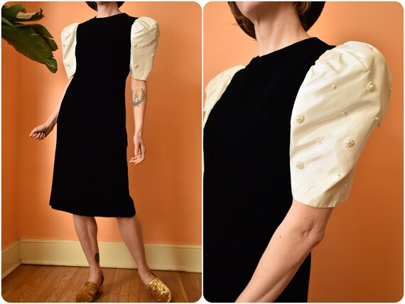 Vintage 60s Black Velvet & Beaded Puff Sleeve Cock