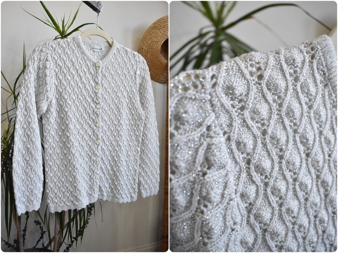 Vintage 50s Sparkly Silver Metallic Cardigan Sweater // Scalloped Hem