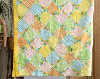 70s BIG Rainbow Bright Pastel Patchwork Floral Fleece Blanket // Retro Boho Hippie Home Decor Bedspread Duvet Comforter // Double 72 x 90