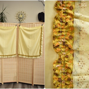 70s Yellow Ruffle Calico and Lace Trim Cafe Kitchen Curtains Set // Dining Room Retro Mod Pastel Window Treatment // 2 Sets of 2