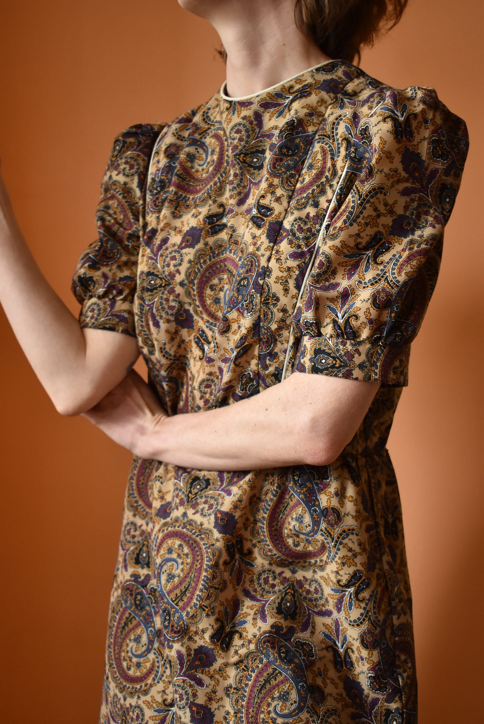 Vintage Silky Puff Sleeve V Cut Dress Paisley Plaid - S main image 1