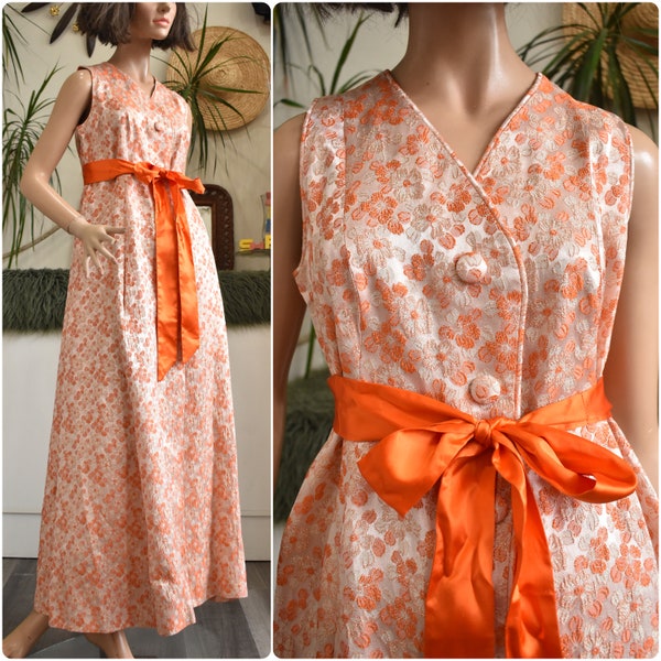 60s Orange Metallic Floral Brocade Maxi Gown // Sleeveless Formal Hostess Dress Tapestry Mod Midcentury // A Line Kaftan Maxi Dress // Sm