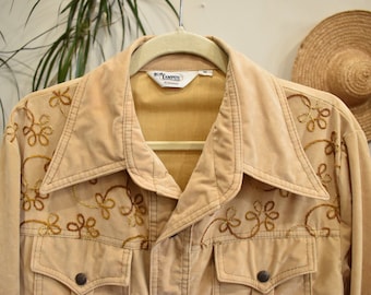 70年代のヴィンテージオレンジチェーンステッチボウリングシャツ、刺繍