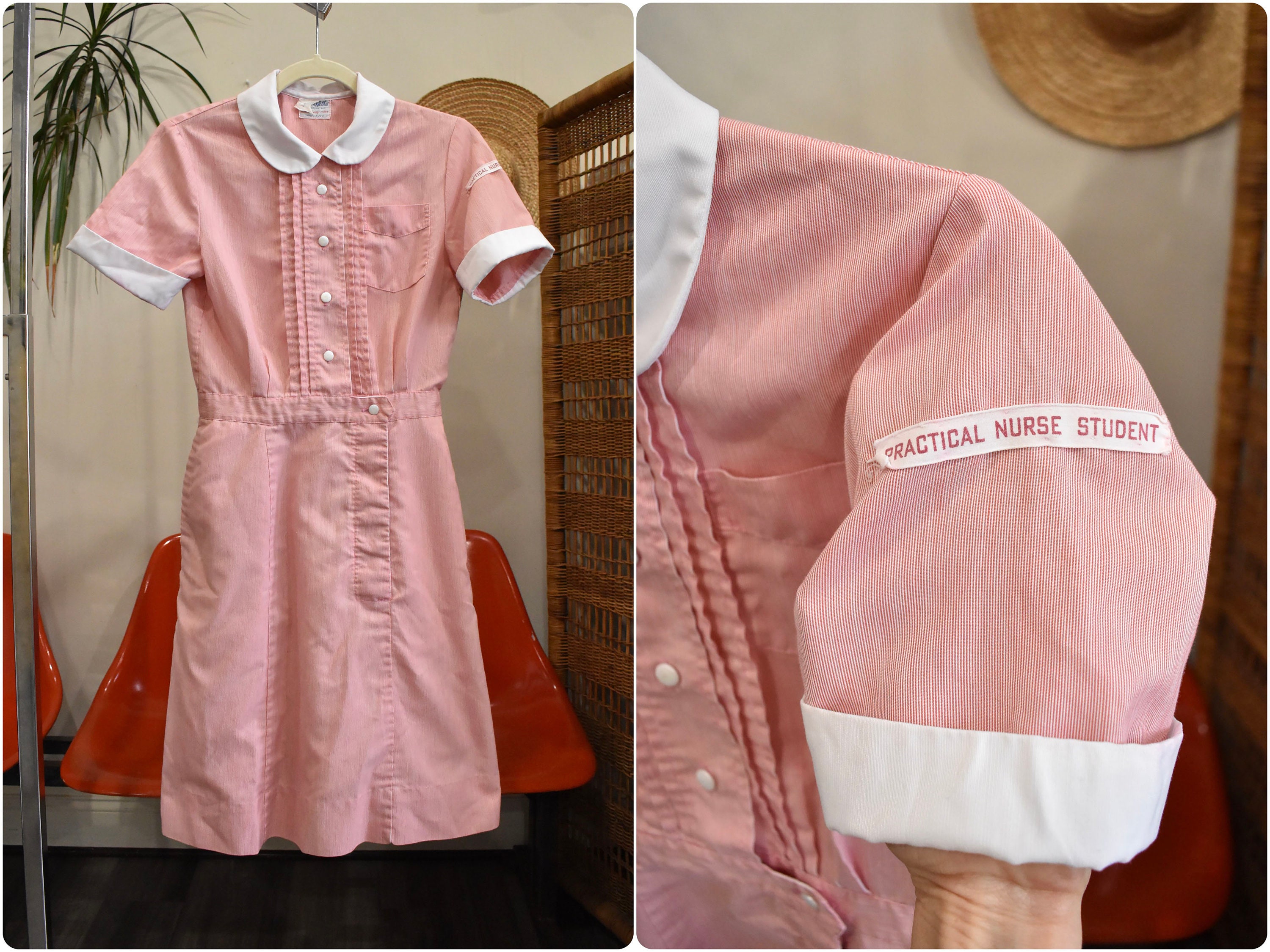 Vintage 40s 50s Nurse Uniform Dress Sanforized Red Pinstripe
