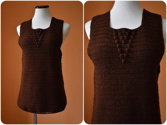 60s 70s Chocolate Crochet Tank Top Bobble Stitch Mod Design // | Etsy