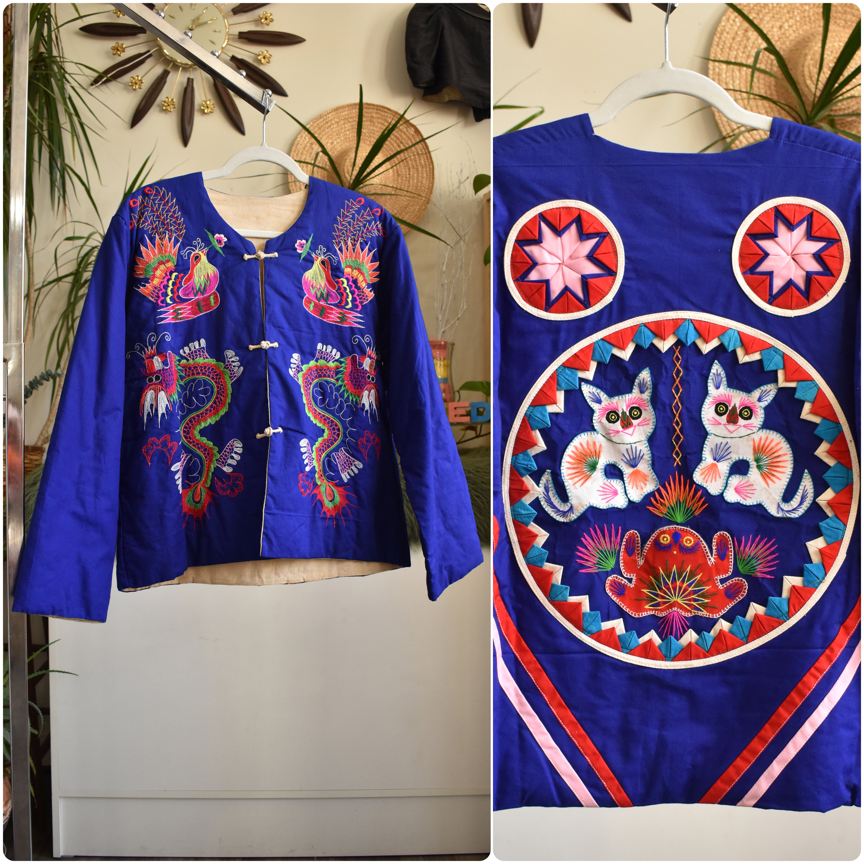 50s 60s Chinese Good Luck Quilted Jacket MCM Asian Bai Jia Bei Souvenir Jacket Embroidered Dragons Peacocks Cats Geometric Medium Unisex Etsy