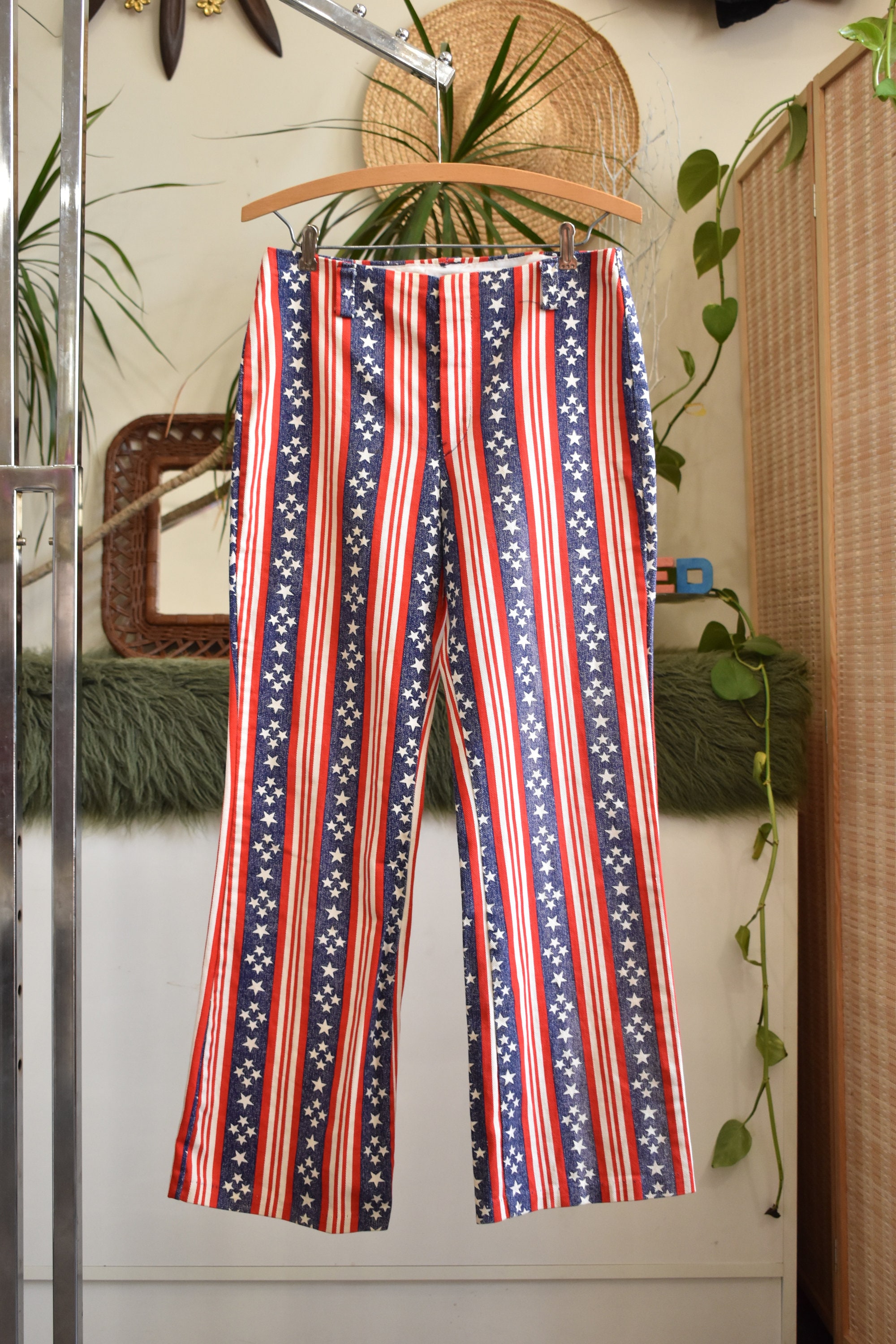 60s 70s Stars and Stripes Bell Bottom Flares Pants // Mid