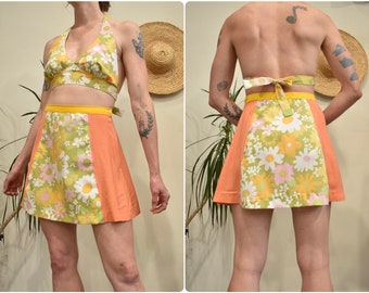 60s 70s Mod Floral Miniskirt and Halter Top Set // Handmade Vintage Colorblocked Skirt and Crop Top Colorful Bright Retro Summer Outfit