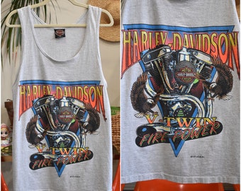 90s RARE Harley Davidson Motorcycles Fire Power V Twin Engine Screaming Eagle Graphic Muscle Tank Top Single Stitch Scoop Neck // MED