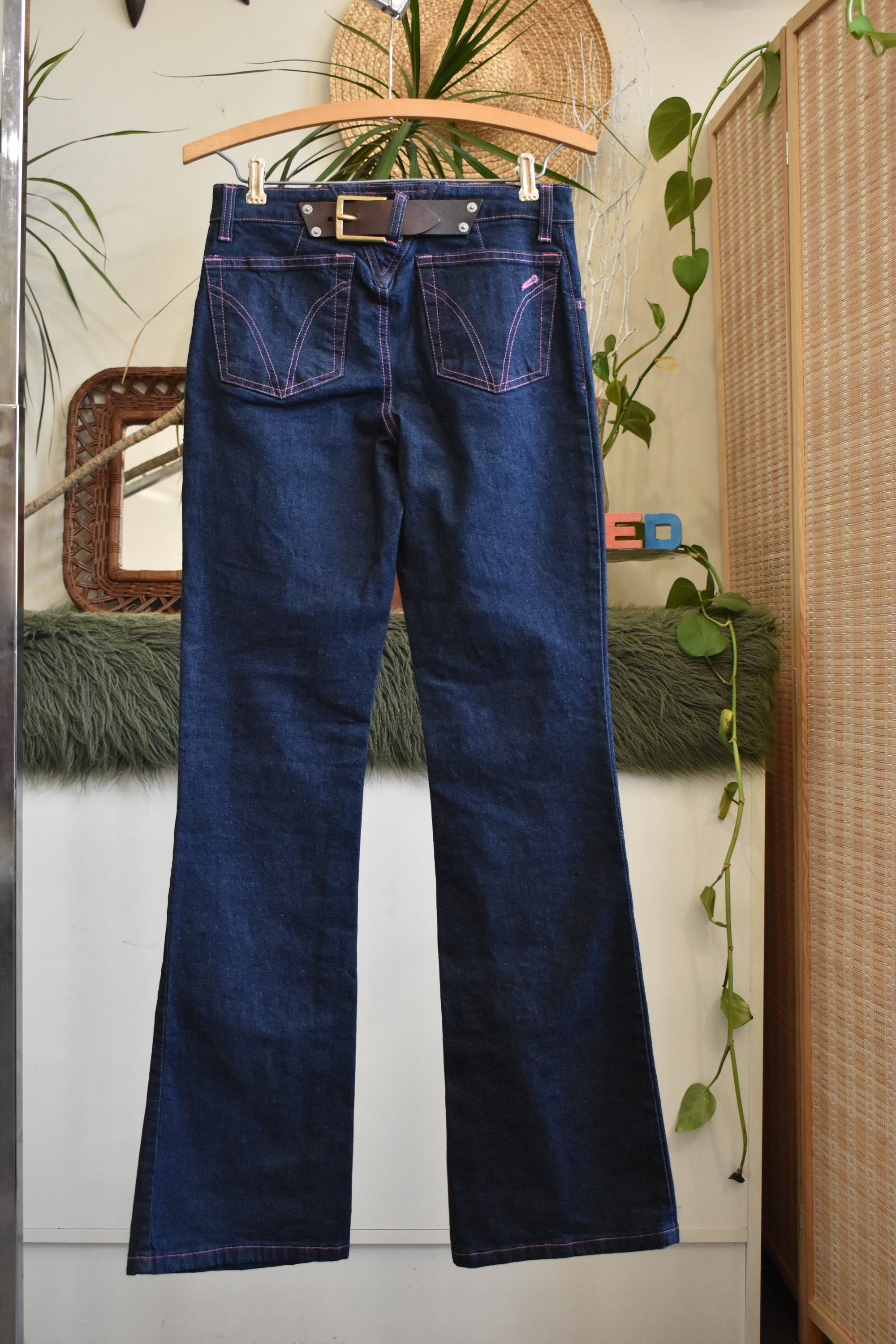 90s Dolce & Gabbana Buckle Back Flare Jeans NWT // Dark Wash Low