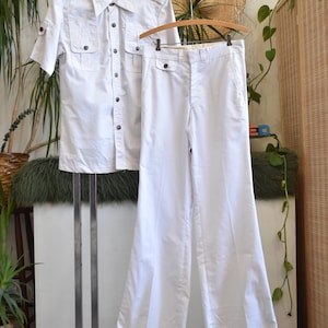 70s Bell Bottoms Flares & Shirt Set Deadstock NWT // White Cotton Military Safari Style Flare Trousers and Oxford Leisure Suit Men // 30 Wst