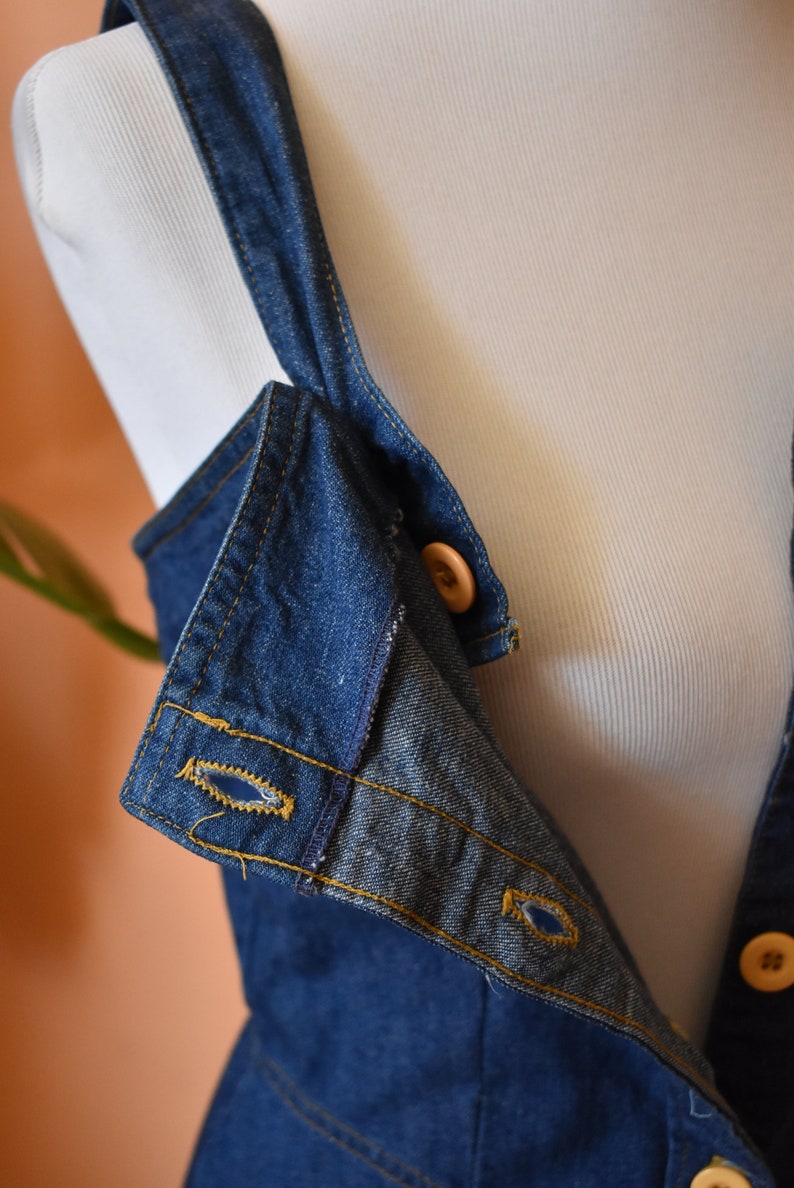 70s Landlubber Denim Jumper Dress w Ruffle Hem Retro Jean Overalls Dress Small 34 Bust