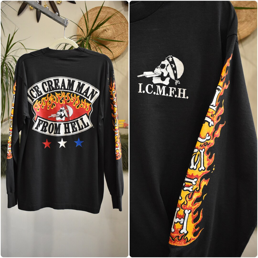 80s 90s Ice Cream Man From Hell Motorcycle Flames Skull Graphic Moto