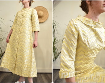 1950s Gold & Yellow Chevron Boat Collar Shift Maxi with Duster Vest Jacket // Metallic Formal Midcentury Ensemble // Small Medium