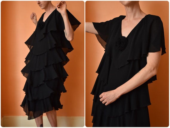 Vintage 1980s Black Chiffon Tiered Ruffle Evening