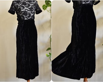 Vintage 80s Norma Kamali Black Crushed Velvet Midi Skirt w Knee Pleats // XS S 25" Waist