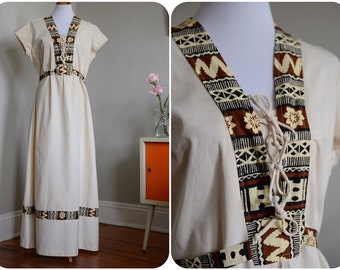 60s/70s Tiki Kaftan w Lace up Front and Empire Waist // Fits MOST // Vintage Hostess Maxi Party Dress Ethnic Folky