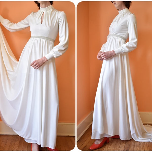 Vintage 1970s Wedding Gown With Long Train, Keyhole Neckline, Balloon Sleeves, Beaded Empire Waist //  EXTRA SMALL