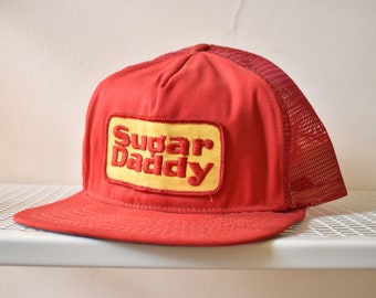 80s Sugar Daddy USA Made Snapback Trucker Hat Mesh // Red & Yellow Rare 1980s Daddy AF Baseball Candy Logo Hat Roman Pro