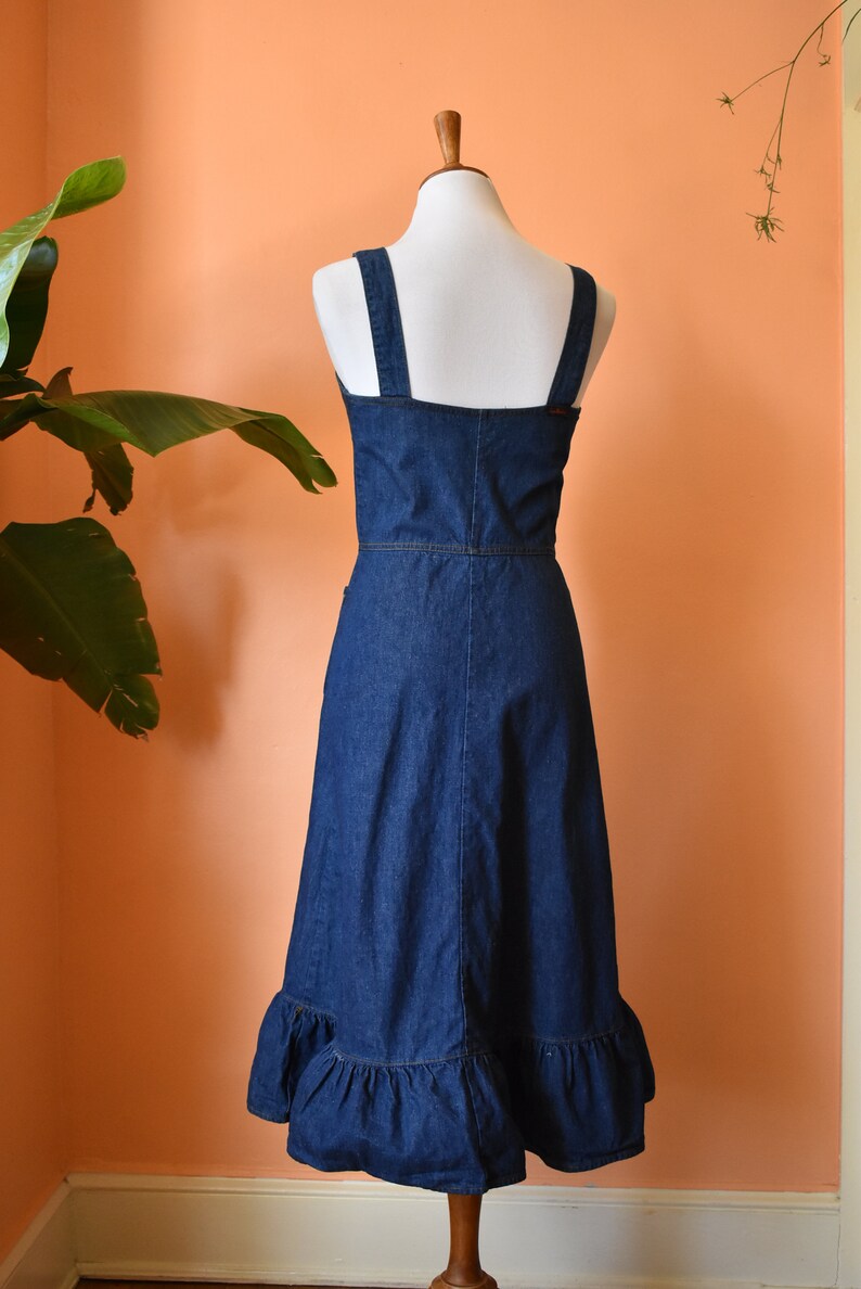 70s Landlubber Denim Jumper Dress w Ruffle Hem Retro Jean Overalls Dress Small 34 Bust