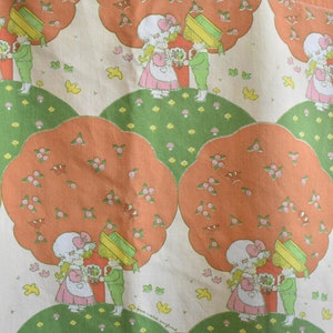 Early 70s Holly Hobbie Retro AOP Flat Sheet // Trees Mushroom Fruit Love Cute Theme Colorful Patchwork Fabric // Double Flat Cotton Blend