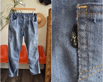 Vintage 70s Levi's Big E Thrashed Faded Worn Jeans // Talon 42 LEVI Strauss Denim Stained and Trashed Work Pants // 34x27 34" Waist