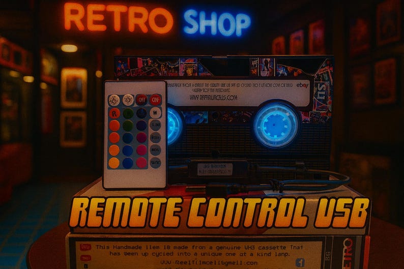 a remote control USB device, which is a handmade item made from a genuine VU cassette tape. The device has been upcycled into a unique one at a kind lamp. The remote control USB is displayed on top of a stack of books, with a neon sign reading "RETRO SHOP" in the background.