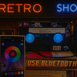 a retro shop with neon signs, a USB Bluetooth speaker, and a smartphone displaying a colorful wheel.